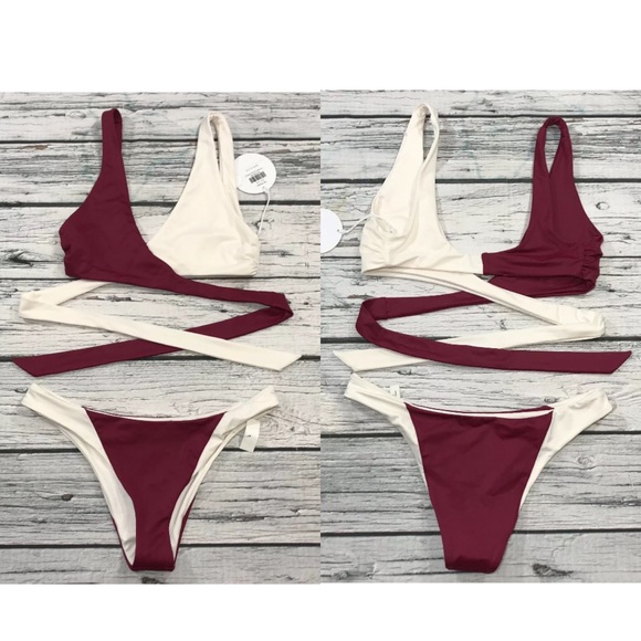 Tori Praver Bikini Set 2pc Brazilian Cheeky Bottom Wrap Bra Top Red White NEW - Picture 2 of 8